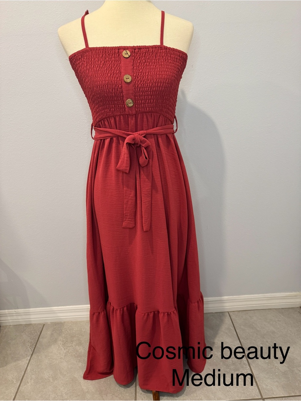 Cosmic Beauty Red Smocked (coral) Maxi Dress with Tie Waist